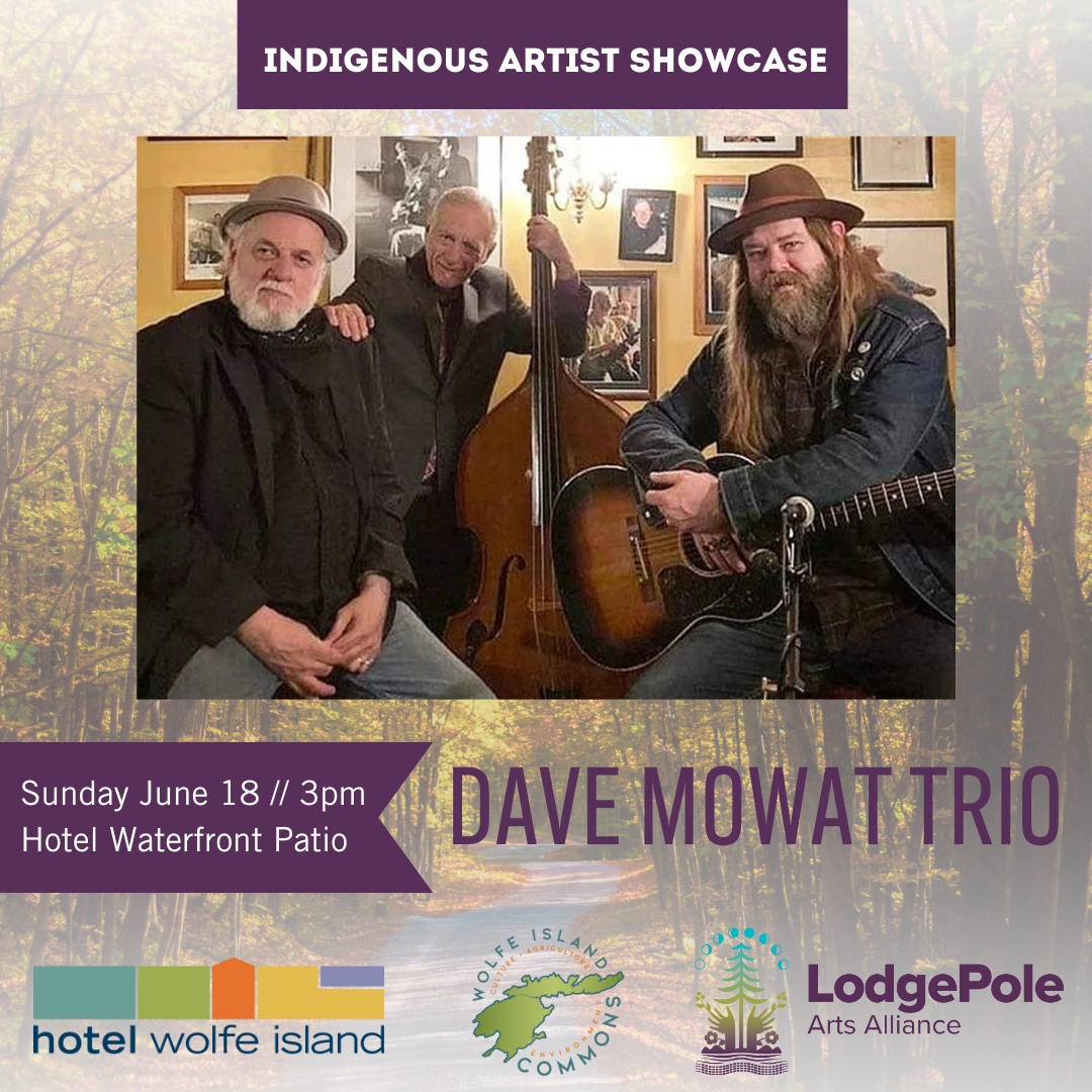 A poster featuring a photo of the Dave Mowat trio sitting with their instruments. 