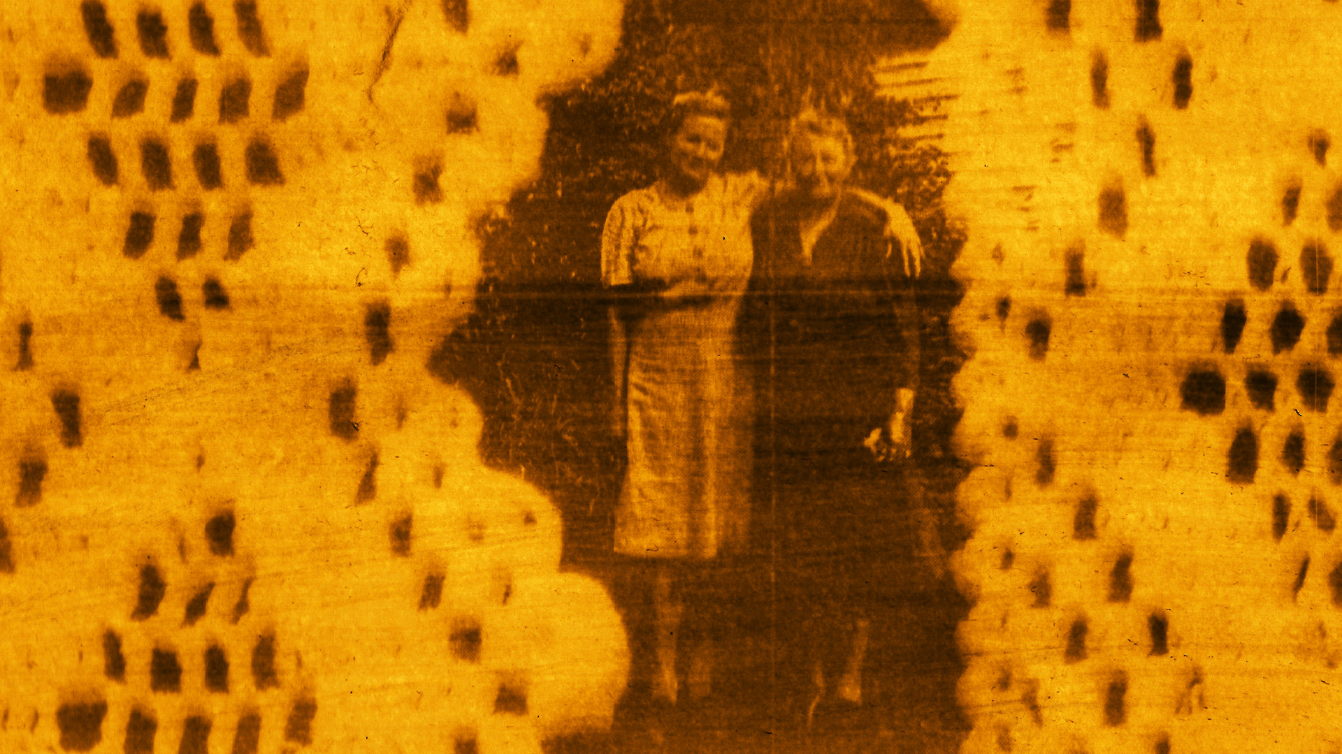 Turmeric anthotype with a photographic image of two people framed by lace.