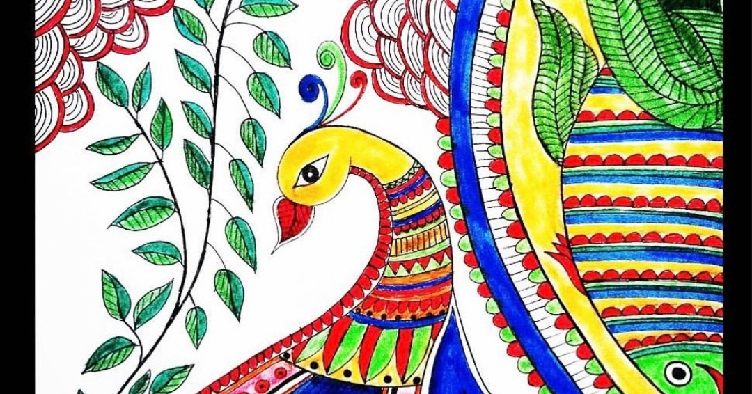 A Madhubani painting in bright colours depicting a bird and fish. 