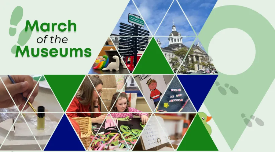 Collage for 'March of the Museums' featuring creative activities like painting and crafting, Kingston landmarks including City Hall, directional signs, and children's artwork, with a playful design incorporating green footprints and a map pin graphic.