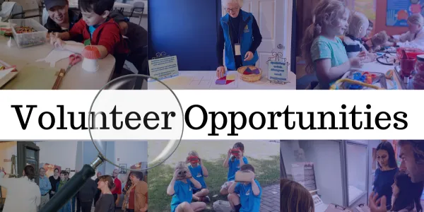 Volunteer Opportunities banner with images of volunteer activities and a magnifying glass.