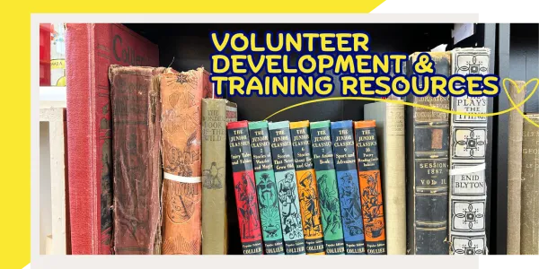 Brightly coloured row of books with title: Volunteer Training and Development Resources